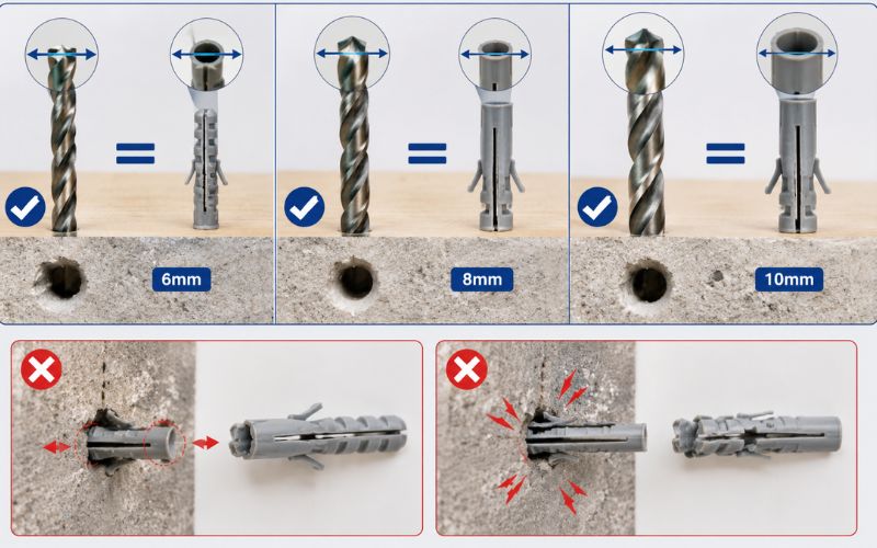 chọn mũi khoan dựa vào đường kính của tắc kê
